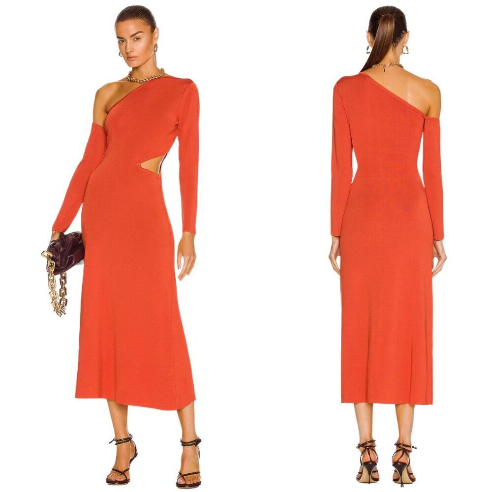 Cult Gaia Zora Knit Cutout Midi Dress Women Medium Chili Orange Asymmetrical Nwt